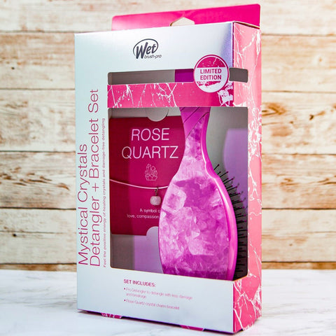 Wet Brush Mystical Crystal Detangler in Rose Quartz with matching bracelet set in pink packaging