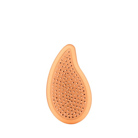 Wet Brush palm detangler in orange teardrop shape with flexible bristles for easy hair detangling