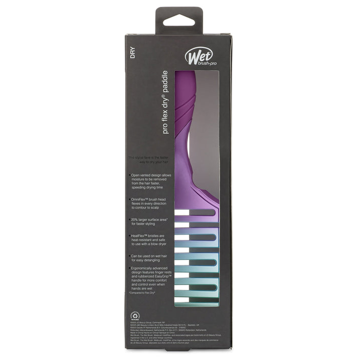 Wet Brush Pro Flex Dry Paddle in purple with ergonomic handle in black packaging