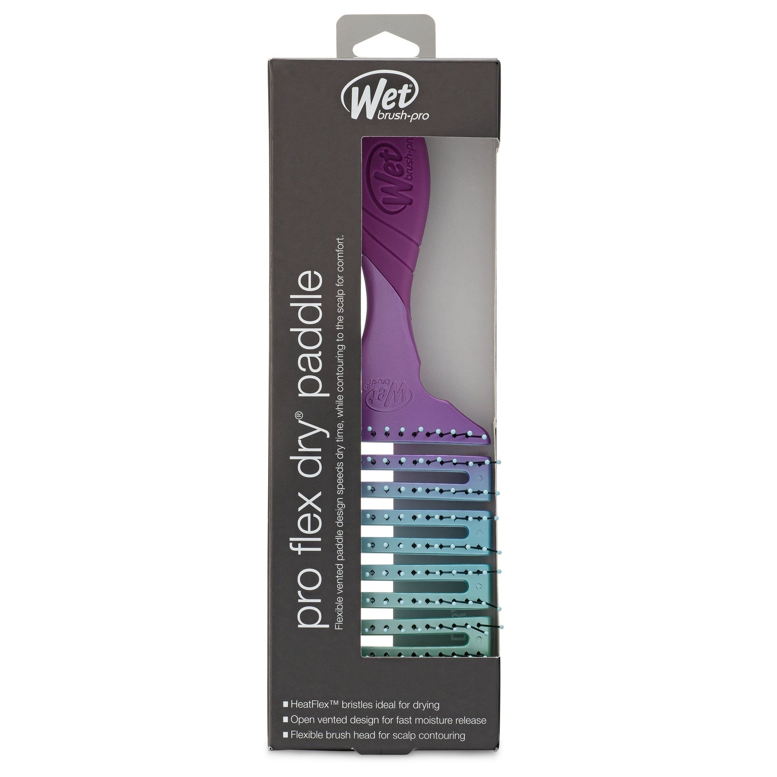 Wet Brush Pro Flex Dry Paddle in purple with flexible bristles and vented design for fast drying