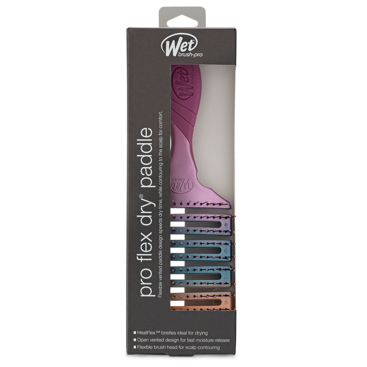 Wet Brush Pro Flex Dry Paddle in packaging showing flexible vented design for fast drying