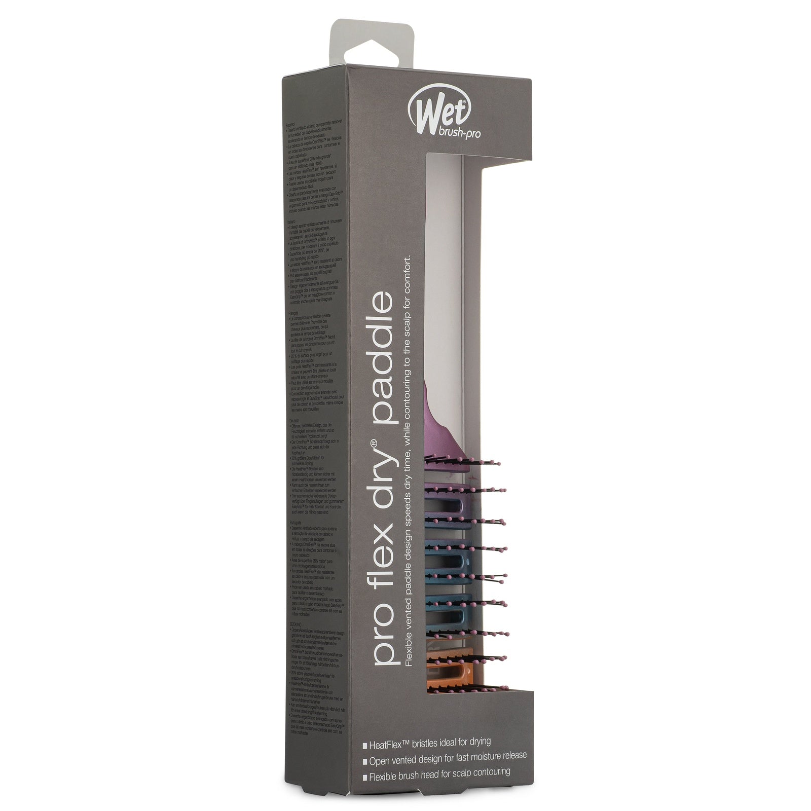 Wet Brush Pro Flex Dry Paddle in packaging with flexible bristles and open vent design for drying