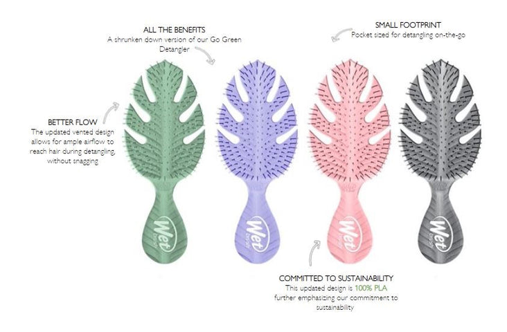 Wet Brush eco-friendly mini hairbrush set in green, purple, pink, and gray with leaf-shaped design for easy detangling
