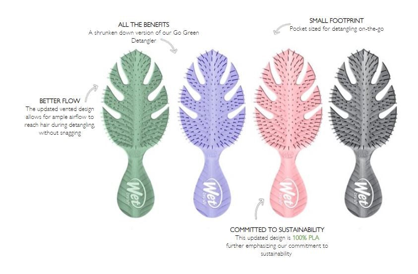 Wet Brush eco-friendly mini hairbrush set in green, purple, pink, and gray with leaf-shaped design for easy detangling