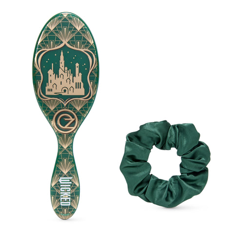 Wet Brush Wicked detangling brush in green with gold castle design and matching green hair scrunchie