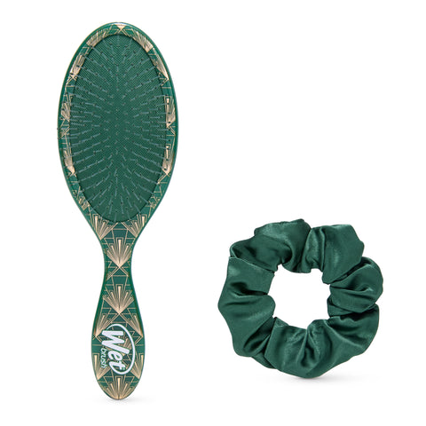 Wet Brush Wicked detangling brush in green with gold art deco design and matching green hair scrunchie