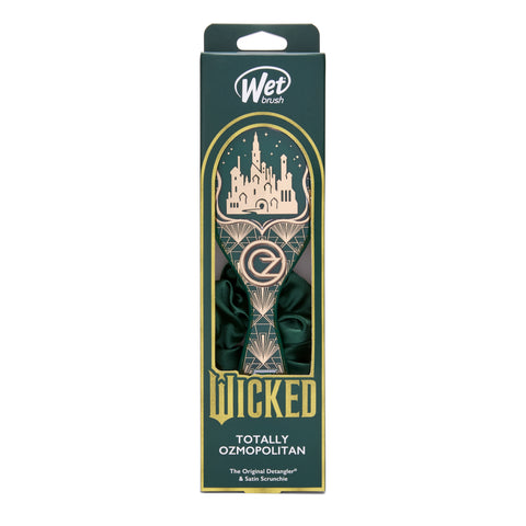 Wet Brush Wicked detangling brush with Ozmopolitan design and satin scrunchie in green packaging