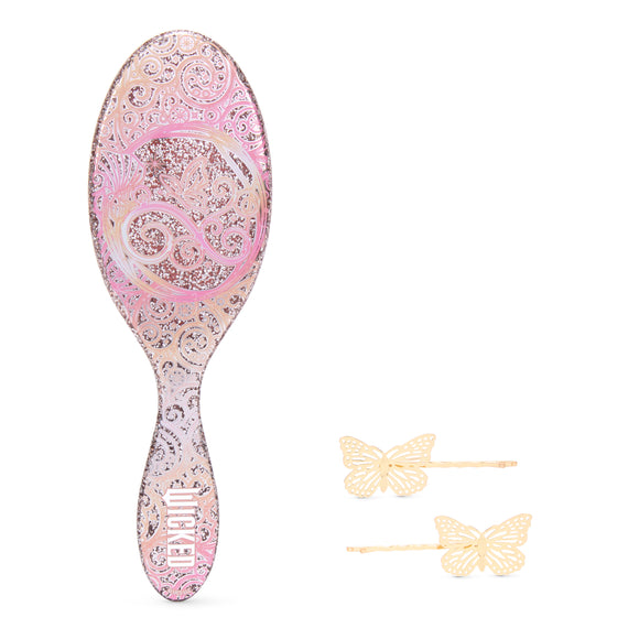 Wet Brush Wicked detangling brush in pink paisley design with two gold butterfly hair clips