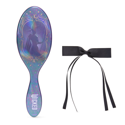 Wet Brush Wicked detangling brush with purple holographic design and black ribbon accessory