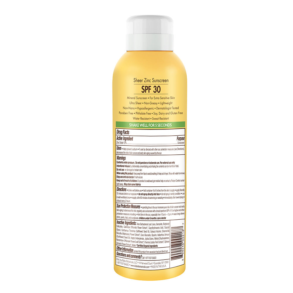 Babo Botanicals Sheer Zinc SPF 30 Sunscreen Spray - Fragrance Free 6.0oz