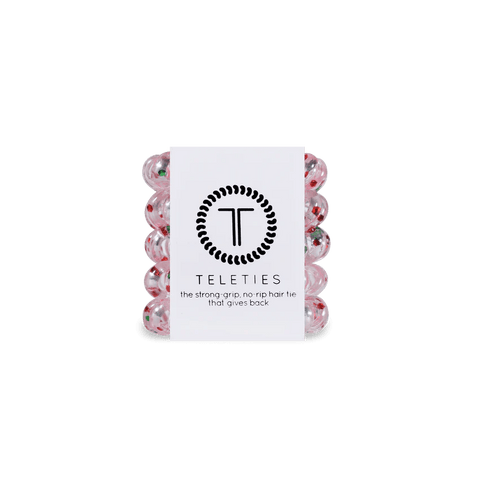 Teleties tiny hair ties in a pink design with a strong grip, no rip hair tie that gives back