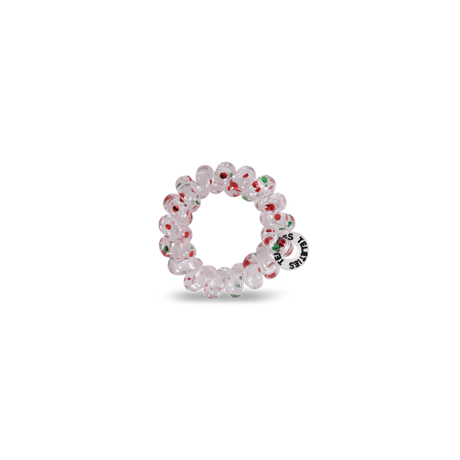 Teleties tiny hair ties in clear with festive red and green design for easy and stylish hair styling