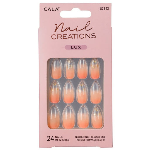 Cala press on nails in a pink gradient design with 24 nails in 12 sizes included in packaging