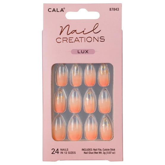 Cala press on nails in a pink gradient design with 24 nails in 12 sizes included in packaging