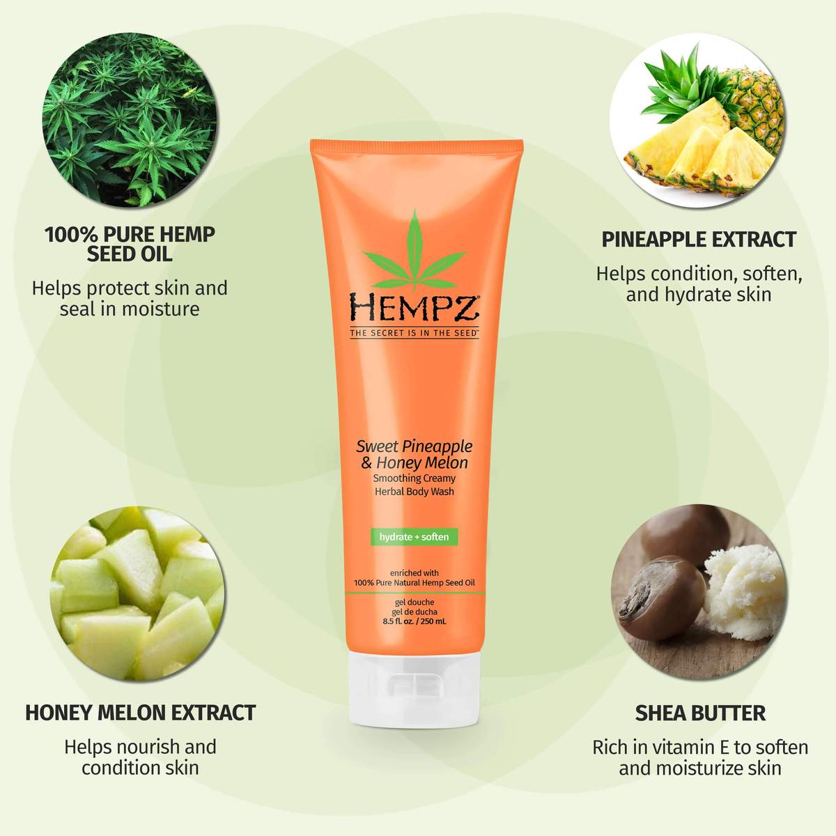Hempz Herbal Body Wash Sweet Pineapple & Honey Melon Scent 8.5 fl.oz.-Hempz-BB_Bath and Shower,BB_Body Wash,Brand_Hempz,Collection_Bath and Body,Hempz_ Body Wash