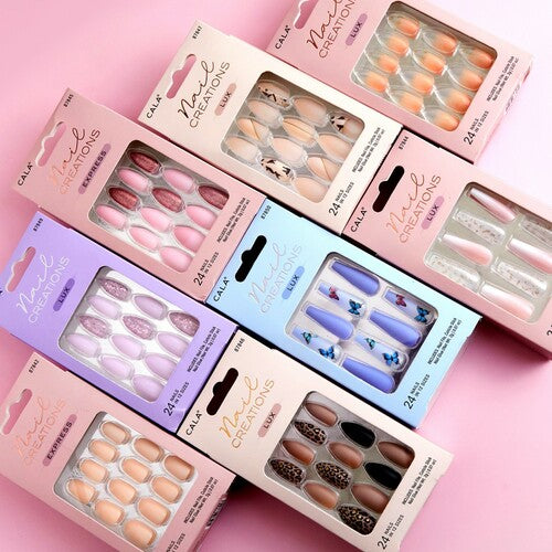 Cala press on nails in various colors and designs including floral, leopard, pink, and neutral shades