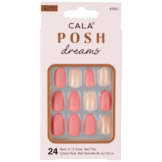 Cala press on nails Posh dreams set with 24 short coral and glitter nails in 12 sizes