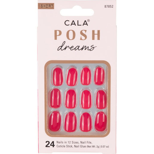 Cala press on nails in vibrant red color with 24 short nails in 12 sizes included