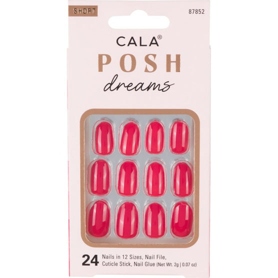 Cala press on nails in vibrant red color with 24 short nails in 12 sizes included