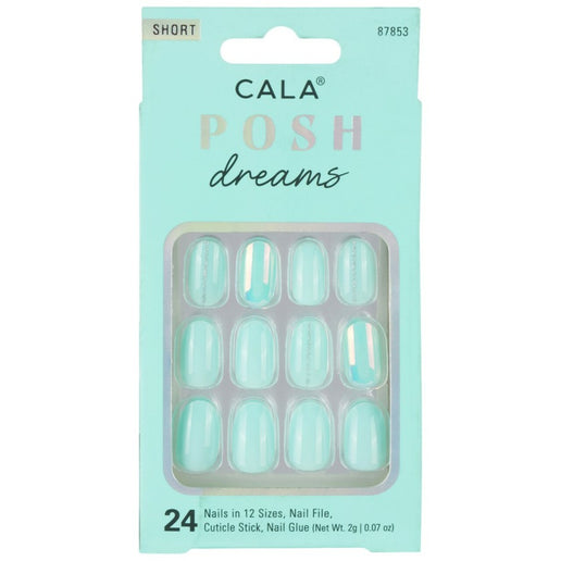 Cala press on nails in short mint green shade with 24 nails in 12 sizes and nail care accessories