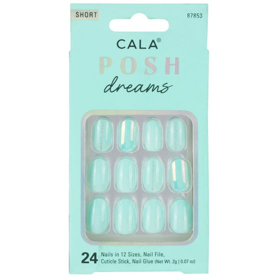 Cala press on nails in short mint green shade with 24 nails in 12 sizes and nail care accessories