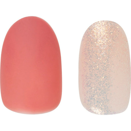 Cala press on nails featuring a matte coral pink nail and a glittery translucent nail