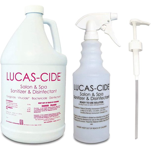 LUCAS-CIDE Salon and Spa Disinfectant 1 Gallon (Pink) Bundle with Leak Proof Spray Bottle 32 Oz. and Pump