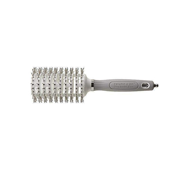 Olivia Garden ceramic and ion round hairbrush with white bristles and gray handle
