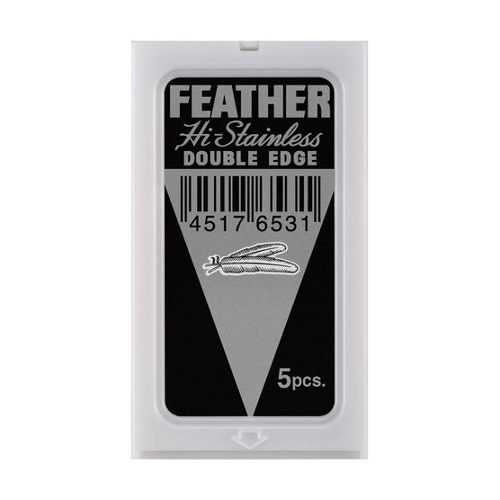 Feather double edge razor blades in a sealed pack of five for smooth shaving performance