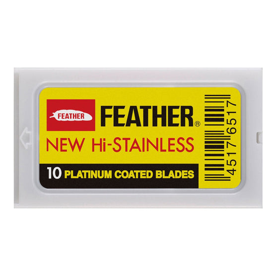 Feather double edge razor blades in a sealed pack of 10 platinum coated blades for a smooth shave