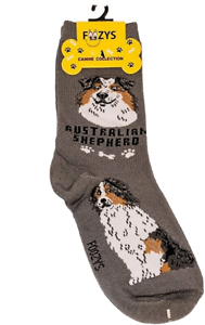 Foozys canine socks featuring Australian Shepherd dog design in brown color