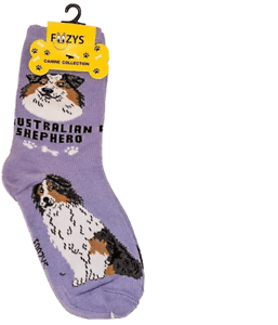 Purple Foozys canine socks featuring Australian Shepherd dog design and paw prints