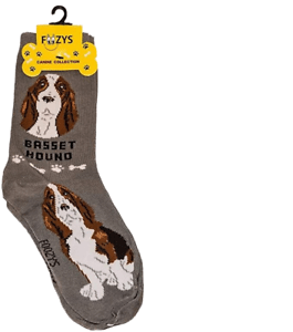 Foozys canine socks featuring a brown and white Basset Hound dog design on gray background