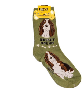 Foozys canine socks featuring Basset Hound dog illustration on olive green background
