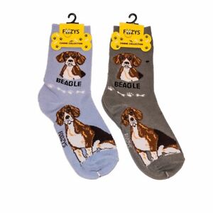Pair of Foozys canine socks featuring Beagle dog design in blue and gray colors