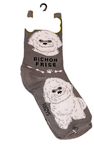 Foozys canine socks with Bichon Frise dog design in gray color