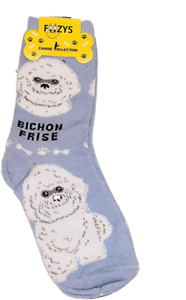 Foozys canine socks featuring Bichon Frise dog design in light blue color for pet lovers