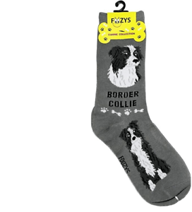 Gray Foozys canine socks featuring Border Collie dog design with paw prints