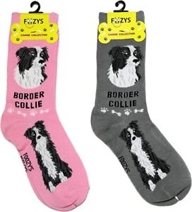 Pair of Foozys canine socks featuring Border Collie design in pink and gray colors