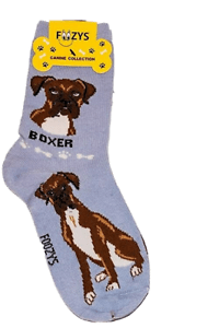 Foozys canine socks featuring a boxer dog design on light blue background