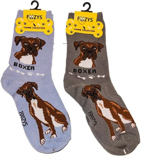 Foozys canine socks featuring boxer dog design in gray and brown colors from Foozys canine socks collection