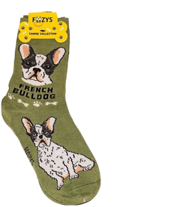 Foozys canine socks featuring a French Bulldog design on green crew socks