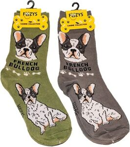Foozys canine socks with French Bulldog design in green and gray colors for dog lovers