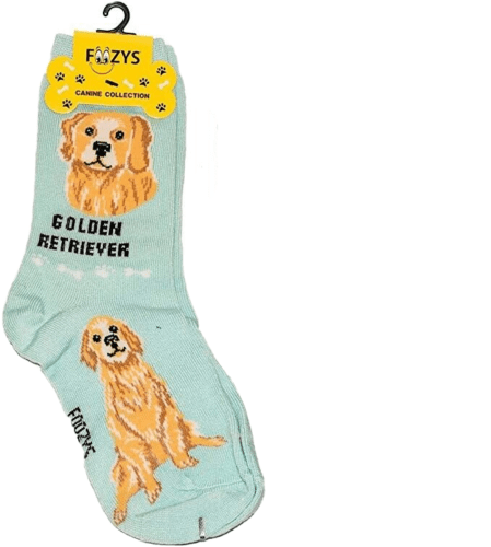Foozys canine socks featuring a light blue pair with Golden Retriever dog design and text