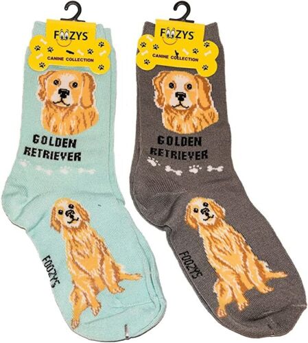 Foozys canine socks featuring Golden Retriever dog design in blue and brown colors