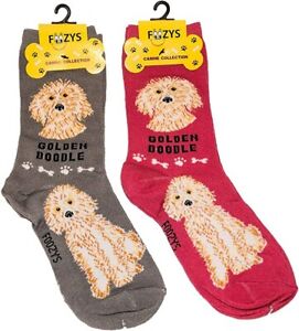 Foozys canine socks featuring cute Golden Doodle dog designs in gray and red colors
