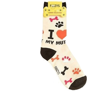 Foozys canine socks white with black heel and toe featuring dog paw prints bones and I love my mutt design