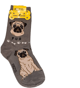 Foozys canine socks featuring a pug dog design in gray with bone accents for dog lovers