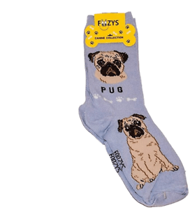 Foozys canine socks featuring a cute pug design on light blue background