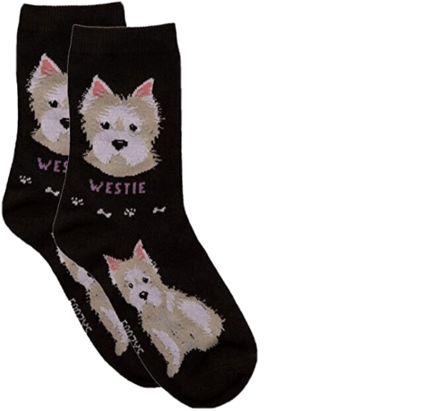 Black Foozys canine socks featuring a Westie dog face and paw prints design